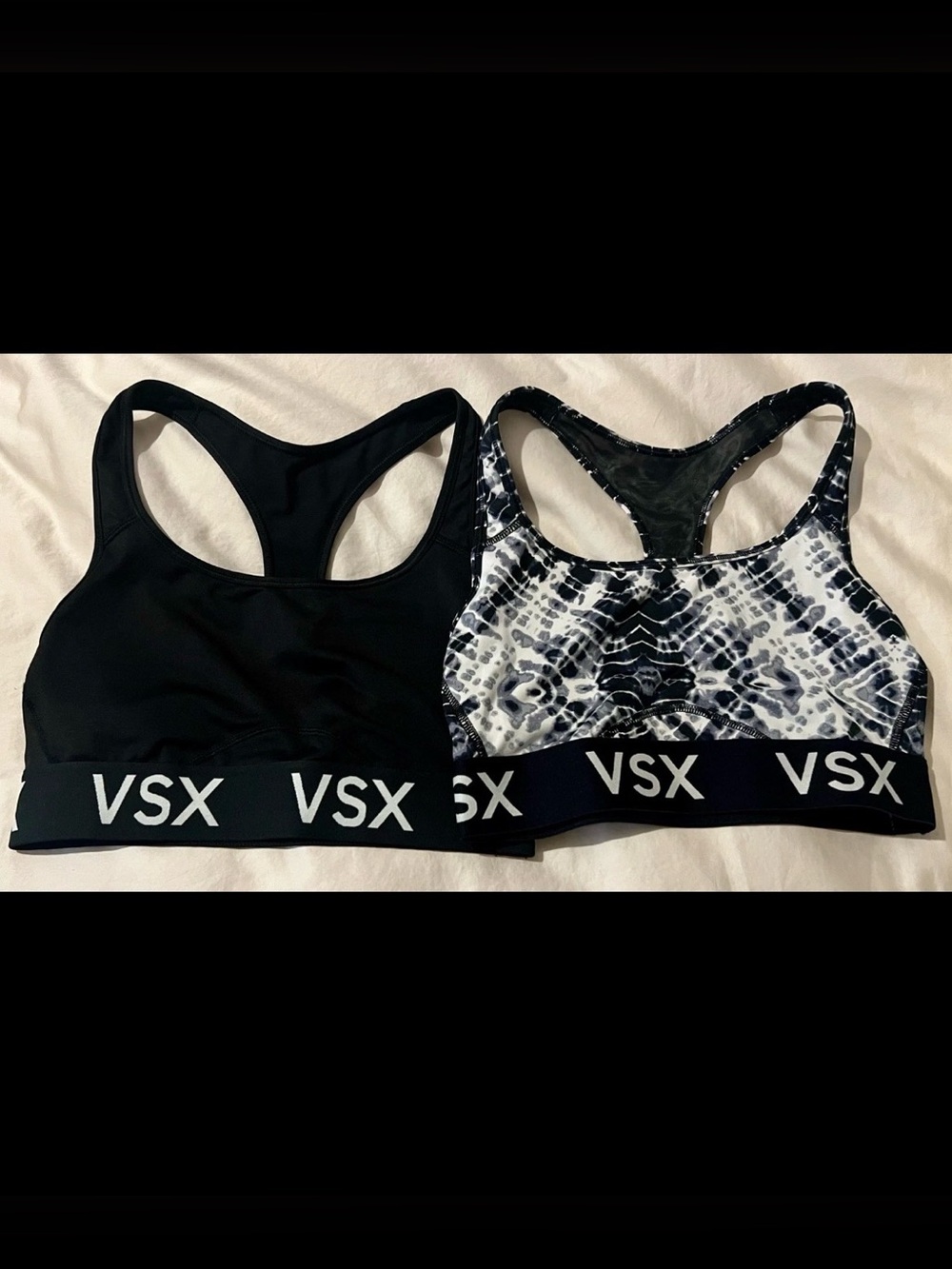 Victoria’s Secret VSX The Player Black and White Tie-dye and Black Sports Bras